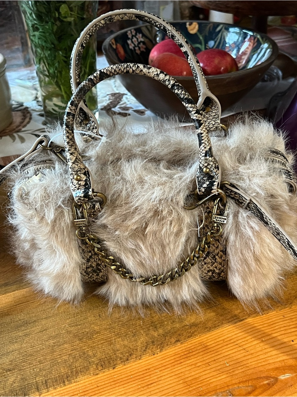 Steve Madden Faux Fur Snake-Print Top-Handle Bag with Crossbody Strap VIRAL
